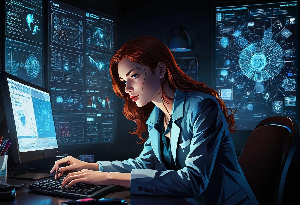 An enigmatic figure, Mary Jane, as a cyber-detective in a dark room illuminated by multiple screens displaying obscure codes and maps. She holds a magnifying glass, unearthing hidden symbols on the internet, with floating digital secrets and icons. Vector art. Vibrant colors. Dramatic lighting.