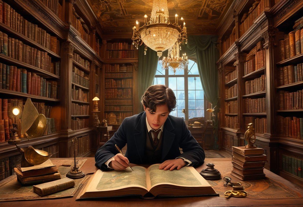 A young detective with a magnifying glass, exploring an enchanting library filled with mysterious books and ancient artifacts, under the soft glow of golden chandeliers. Hidden doorways and secret passages add to the intrigue, with subtle nods to classic detective elements like Sherlock Holmes' hat and a map of clues. super-realistic. vibrant colors. rich details.