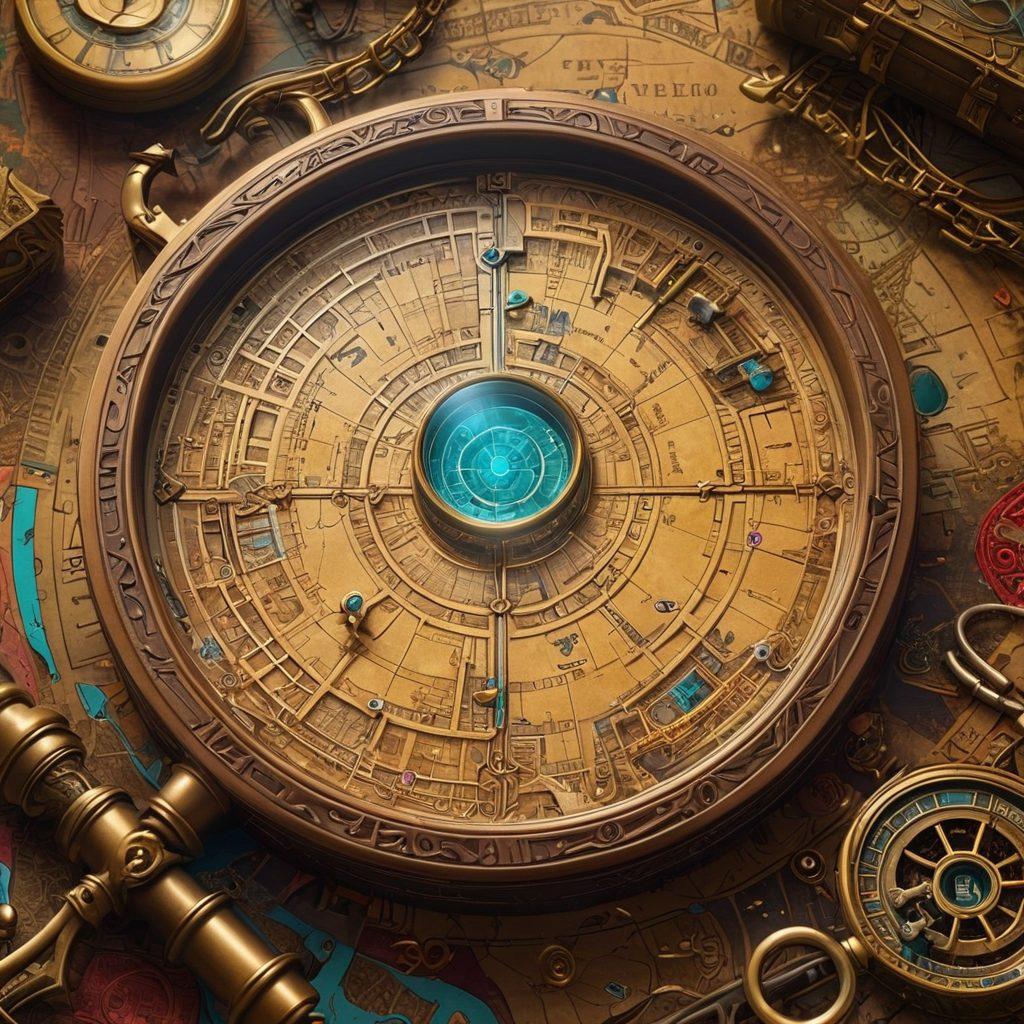 An enchanting digital labyrinth filled with hidden artifacts, mysterious maps, and secret strategies. A magnifying glass revealing small, intricate details and a treasure map with 'X' marks around the edges. Background filled with tangled webs and gleaming golden keys, amplifying the sense of discovery. vibrant colors. cyberpunk.